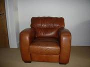 2 armchairs in v good condition - 1 brown leather, 1 fabric terracotta